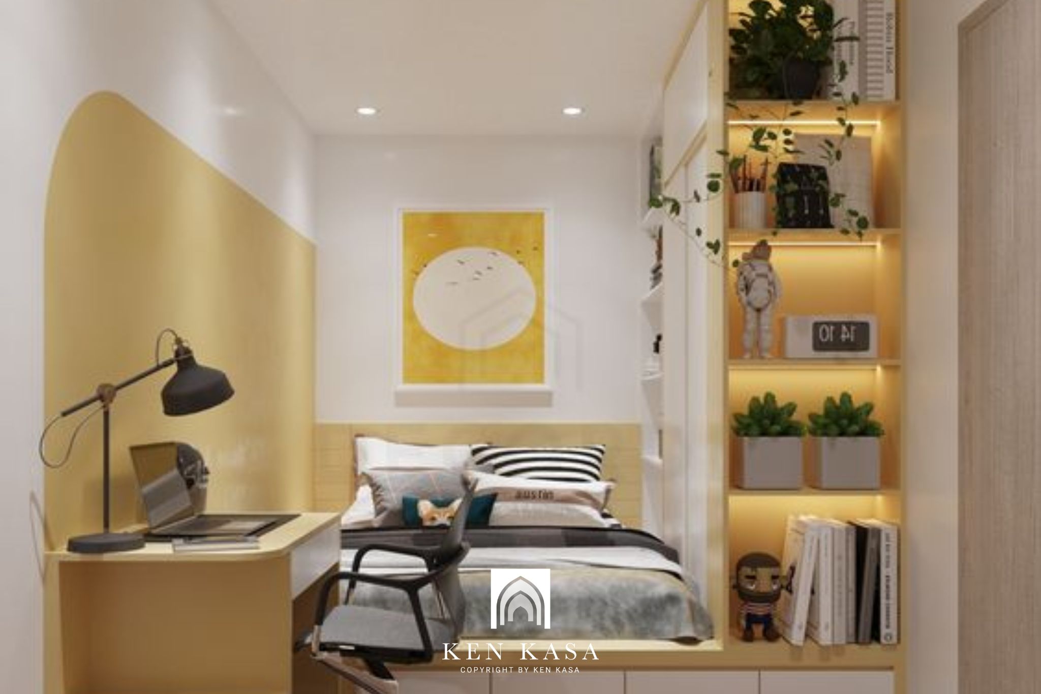 mẫu thiết kế phòng homestay với gam màu vàng
